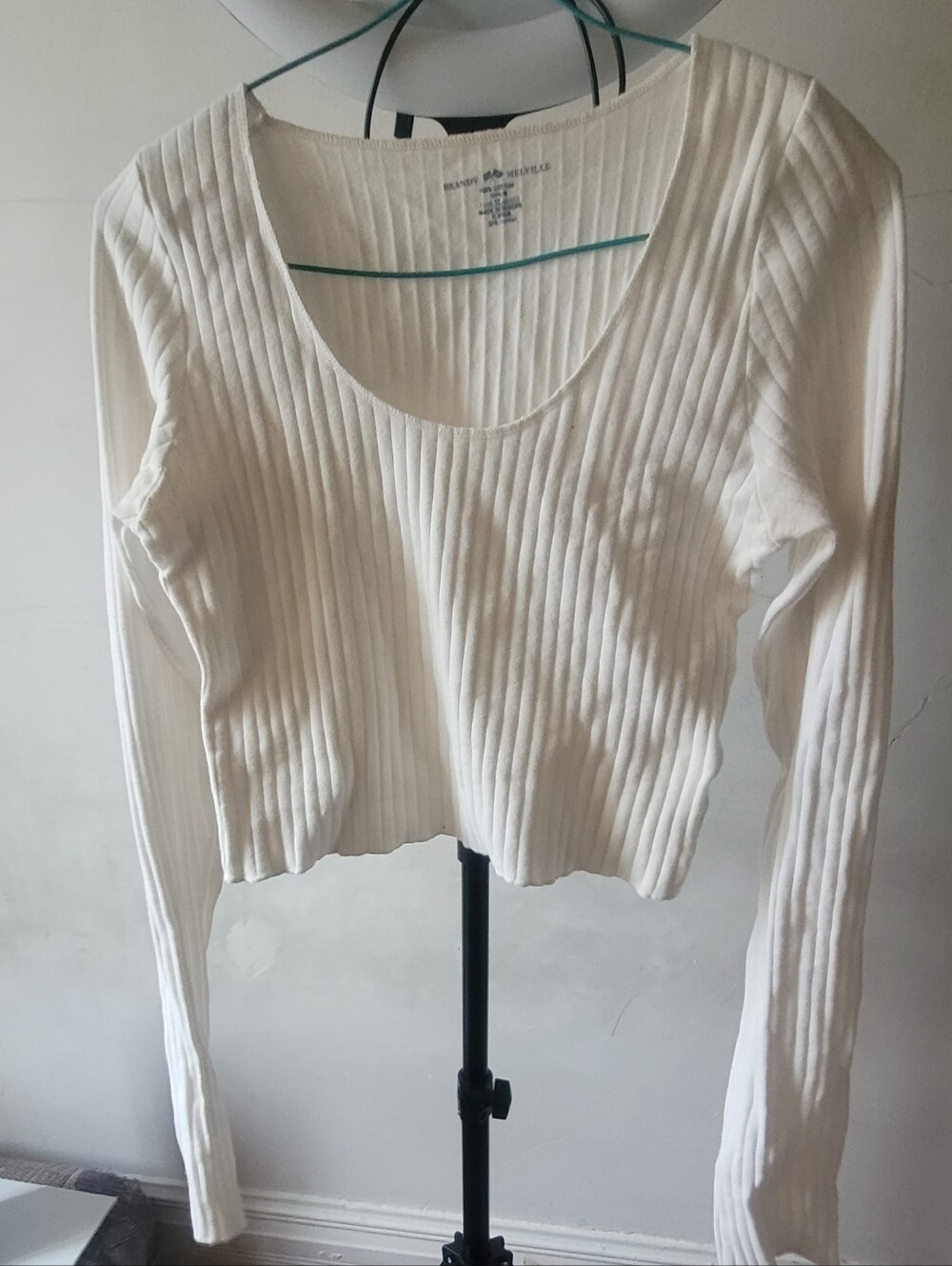 Brandy Melville White Ribbed Long Sleeve Crop Top